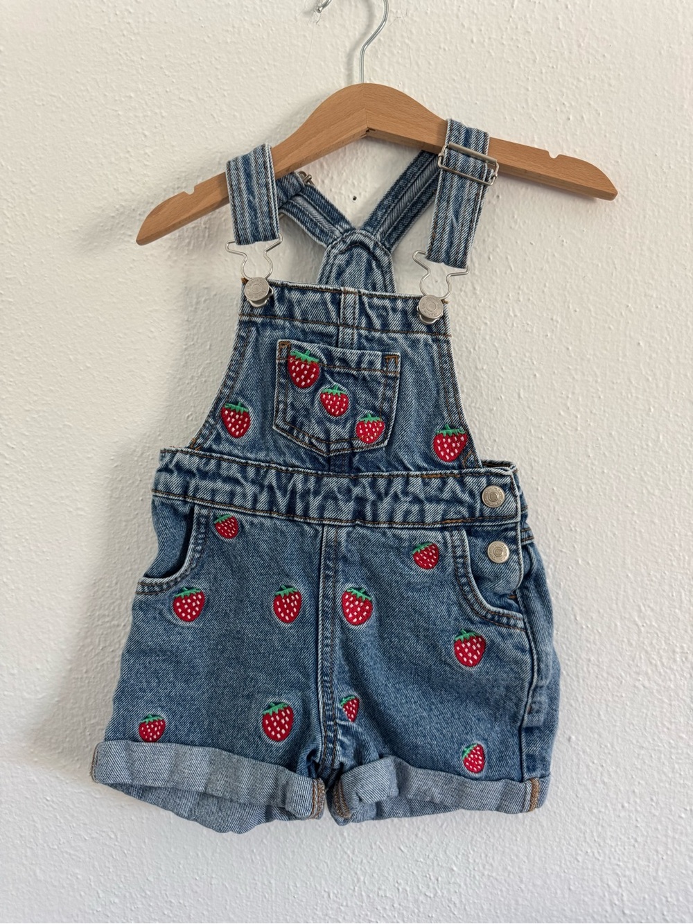 Denim &Co Strawberry Embroidered Kids Overalls - Blue
